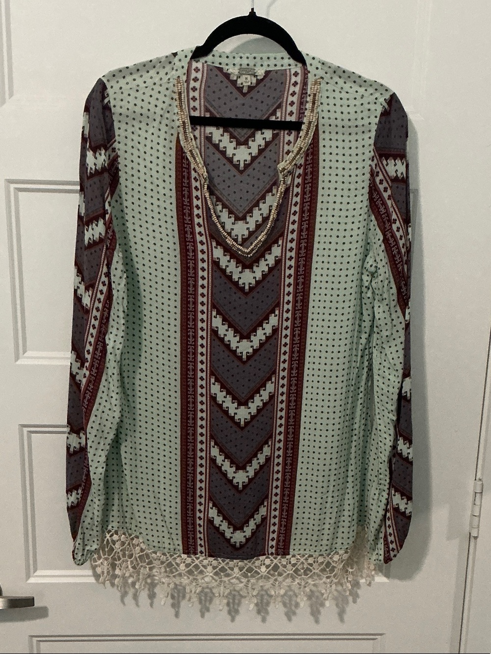 gimmicks by BKE Mint and Gray Boho Chevron Tunic with Crochet Fringe